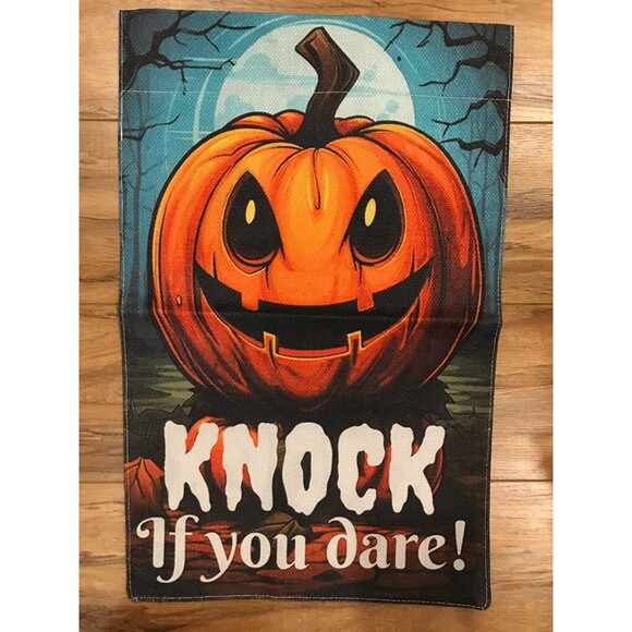 Garden Flag 12x18in Halloween Pumpkin Knock if you dare Burlap double sided - Picture 1 of 1